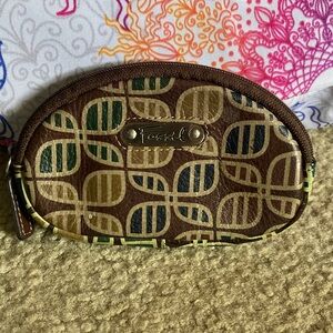 Fossil Brown Leaf-Print Coin Pouch with Green & Navy Accents